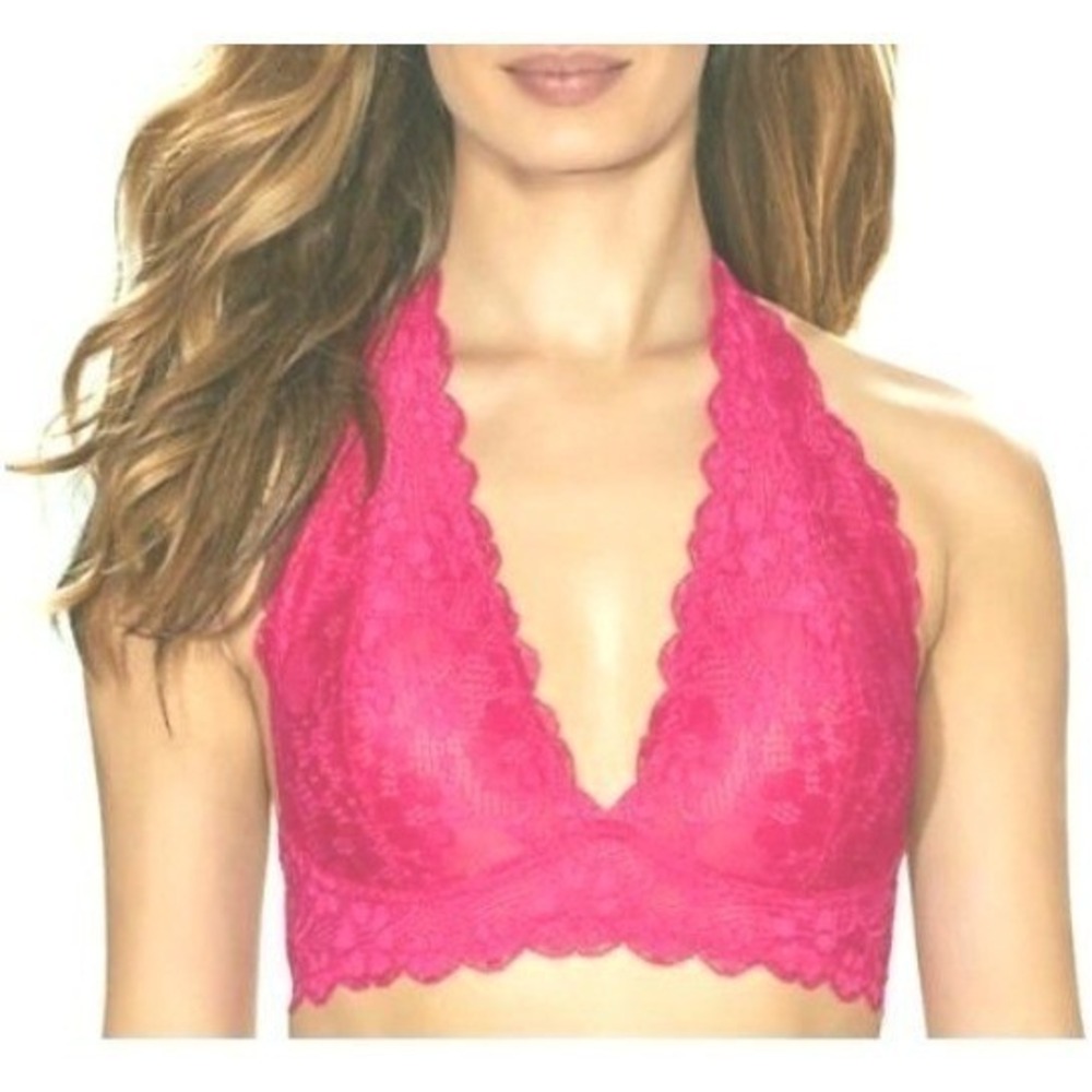 Free People‎ Bralette Raspberry Pink Lace Halter Bra XS Festival Barbiecore Boho